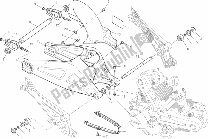 All parts for the Swing Arm of the Ducati Monster 696 USA 2013